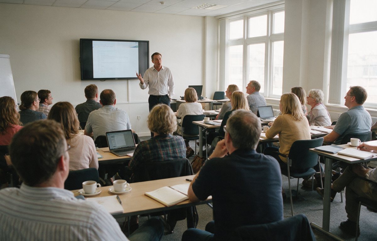 Workshop mit Teilnehmenden an Tischen